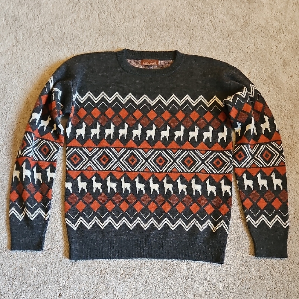 Women's 100% Alpaca Crewneck Sweater - Gray, Orange, and White